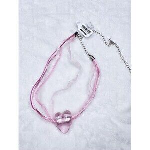 NEW Free People Pink Glass Charming Hearts Coquette Pendant Necklace Ribbon